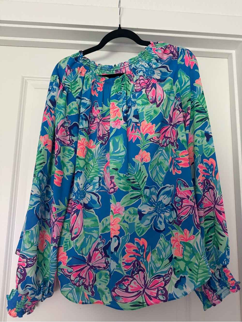 Lilly Pulitzer Turquoise Floral Peasant Blouse with Neon Accents